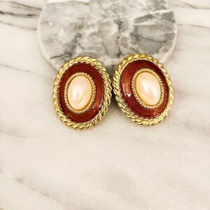 Vintage Large Faux Pearl Earrings-Clip On, Oval Cabochon, Rust Red Gold Toned